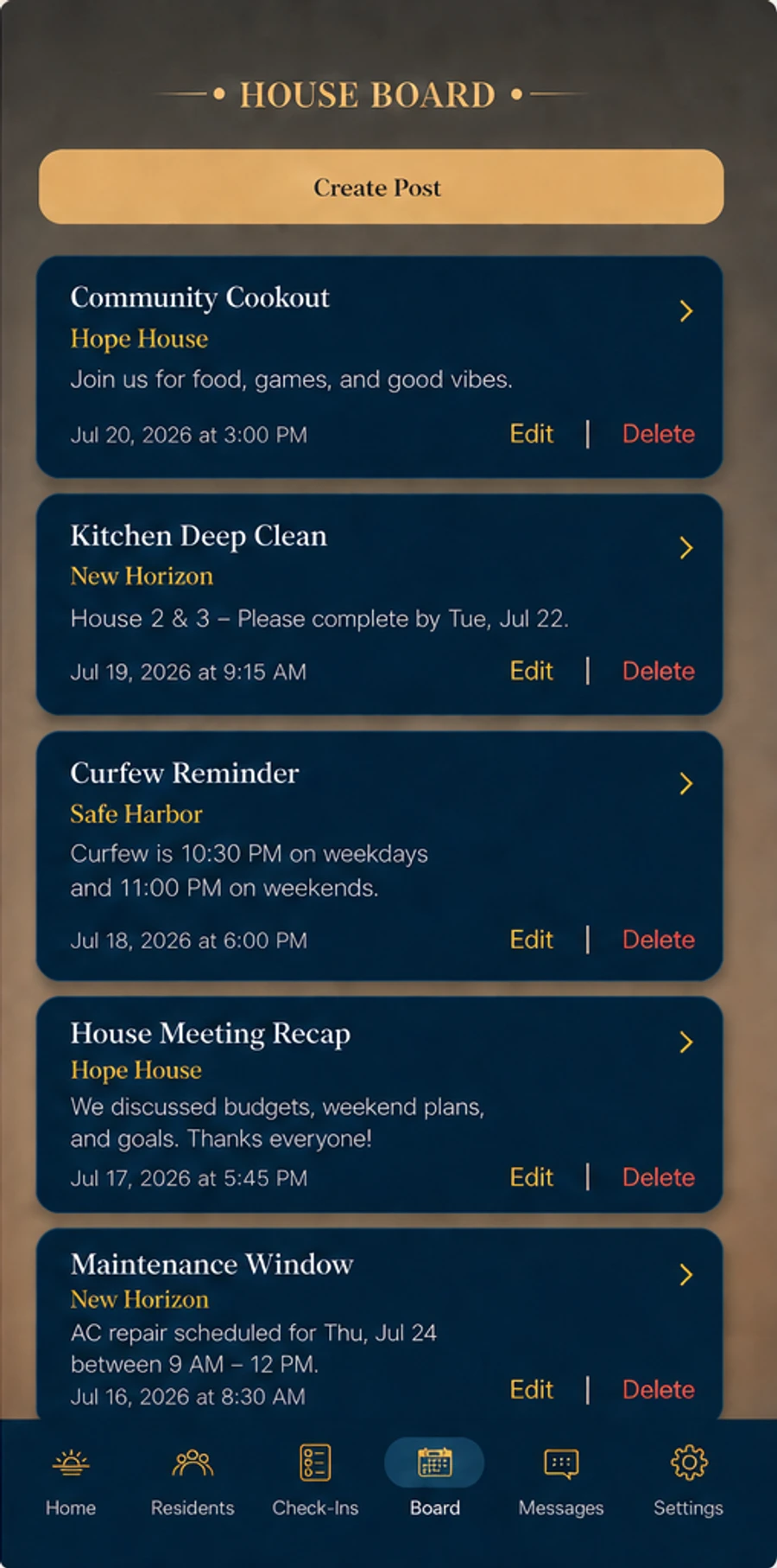 Homebase house board preview showing fictional house-specific updates and reminders