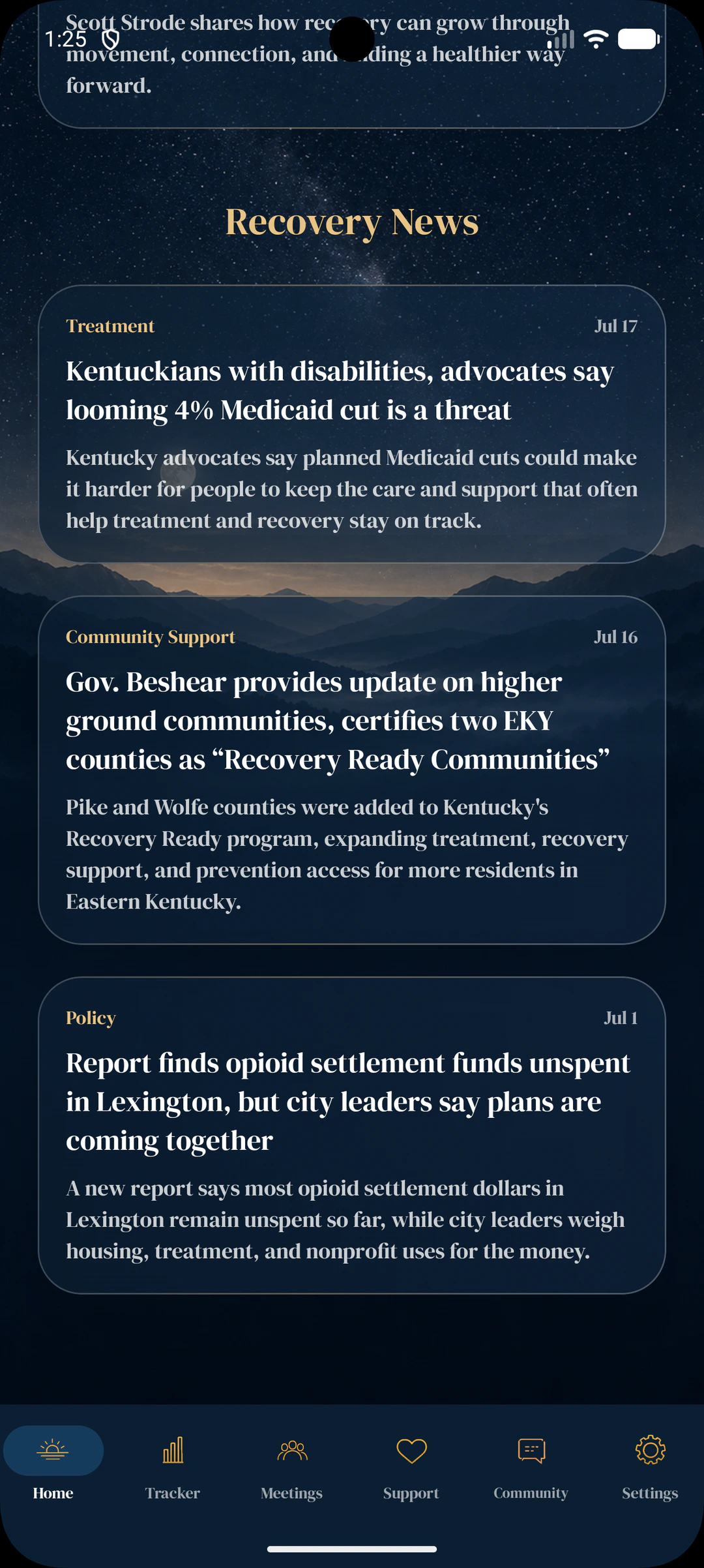 Reprieve Home screen showing recovery news and community support articles