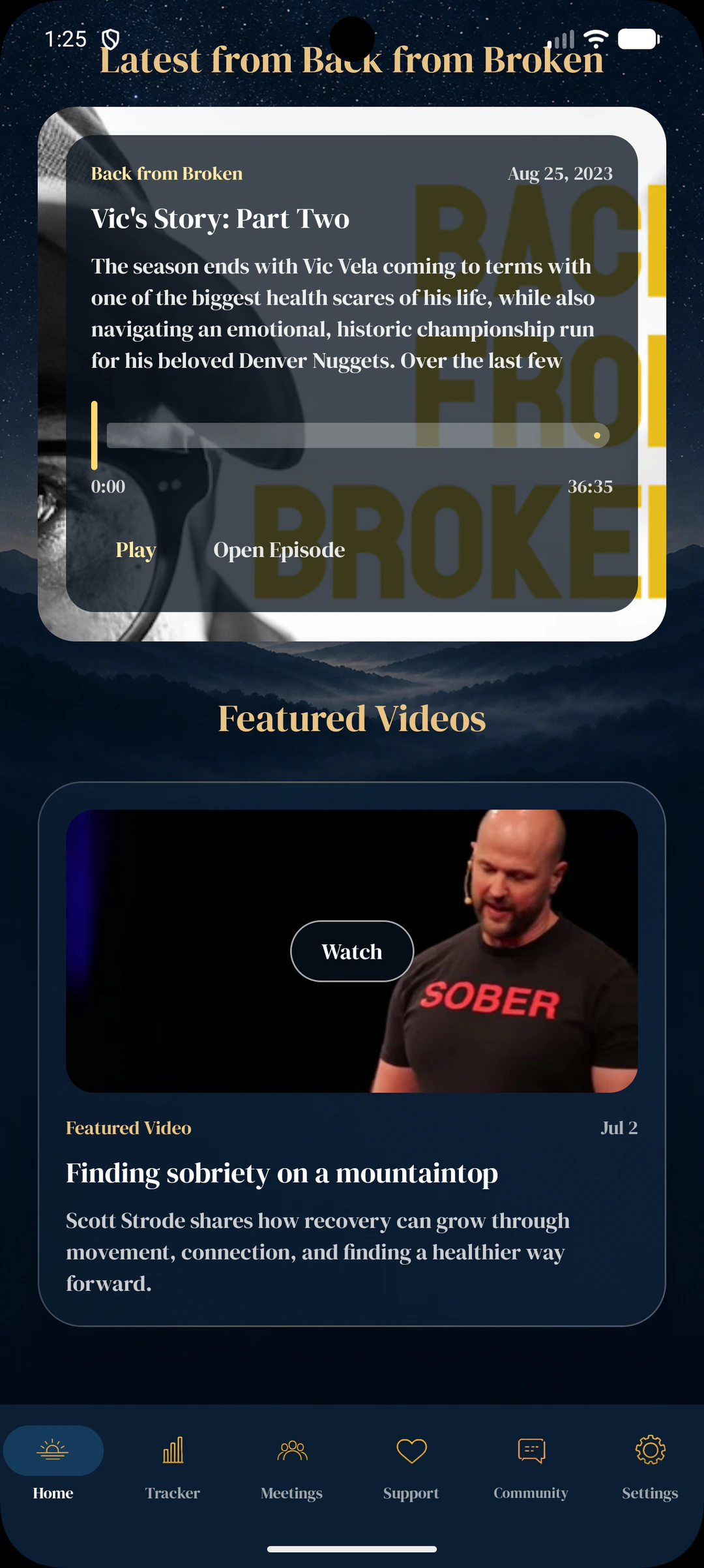 Reprieve home feed showing a recovery podcast and featured video