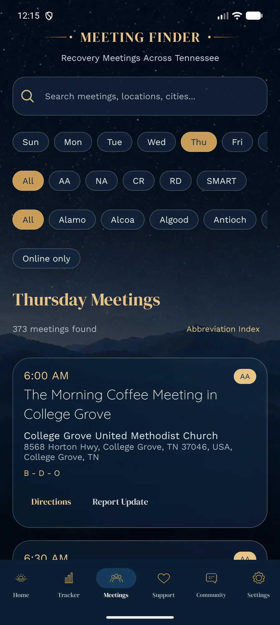 Reprieve Meeting Finder screen showing day, fellowship, city, and online filters with meeting results