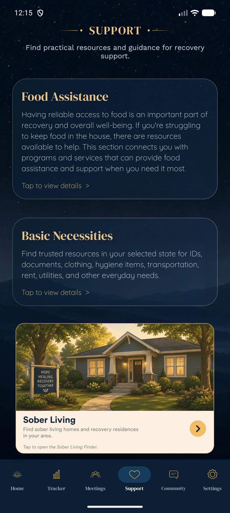 Reprieve support screen showing food assistance, basic necessities, and sober living resources