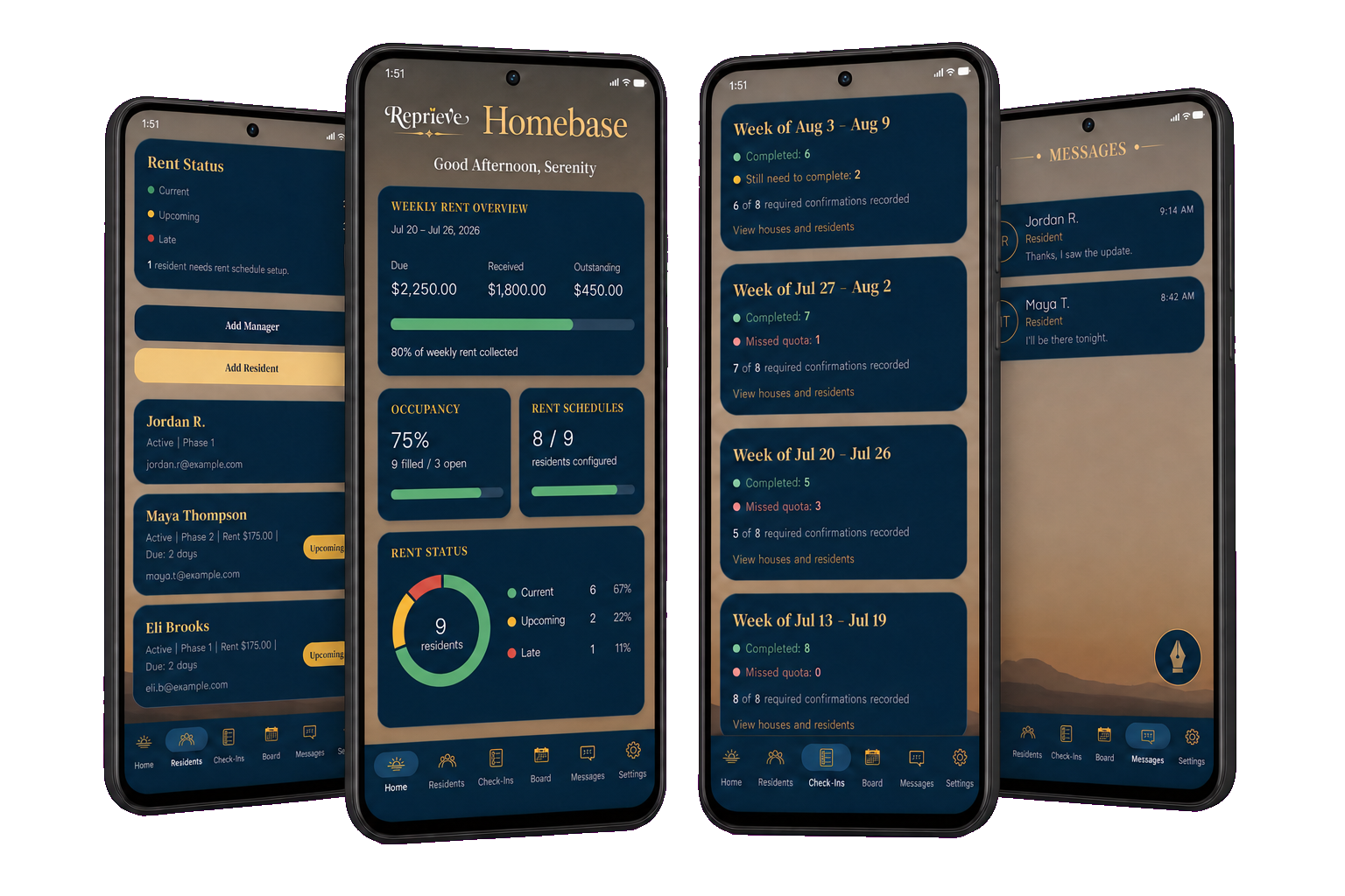 Four layered Homebase Android screens showing the overview dashboard, fictional resident management, weekly check-ins, and messages